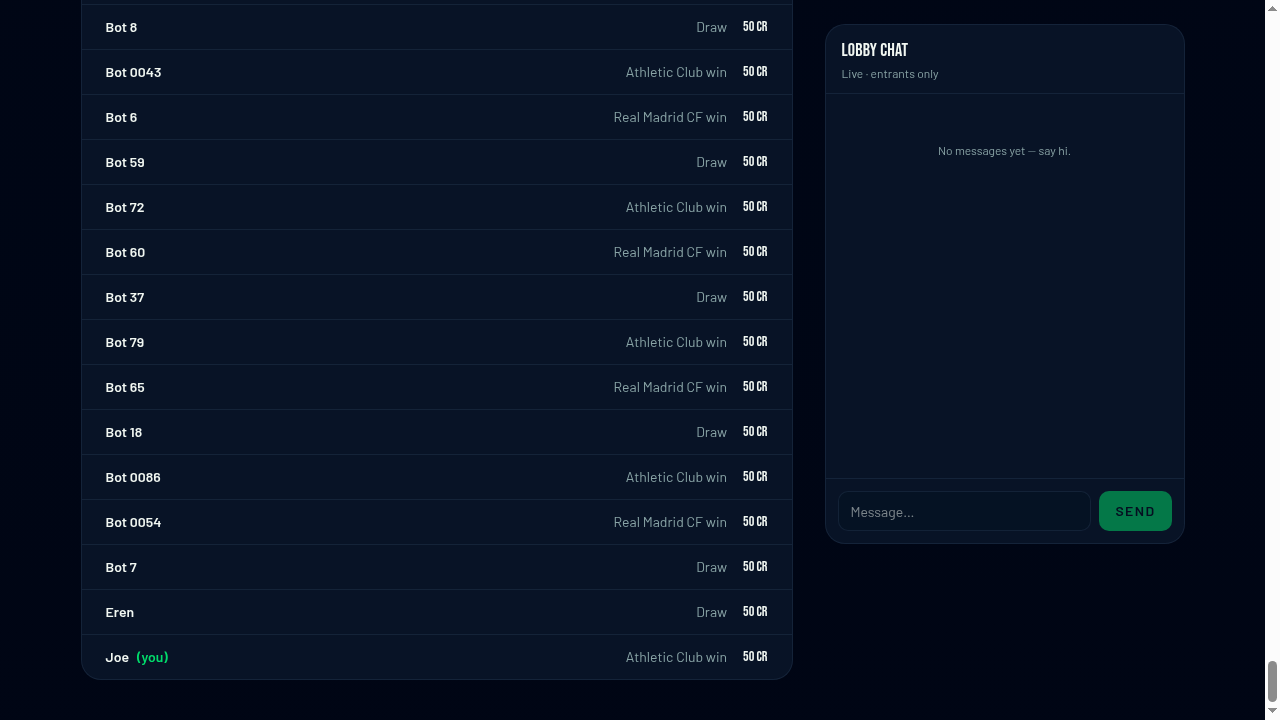 Live lobby screenshot showing Real Madrid vs Athletic Club with 202 entries, pick breakdowns, match preview and fan predictions